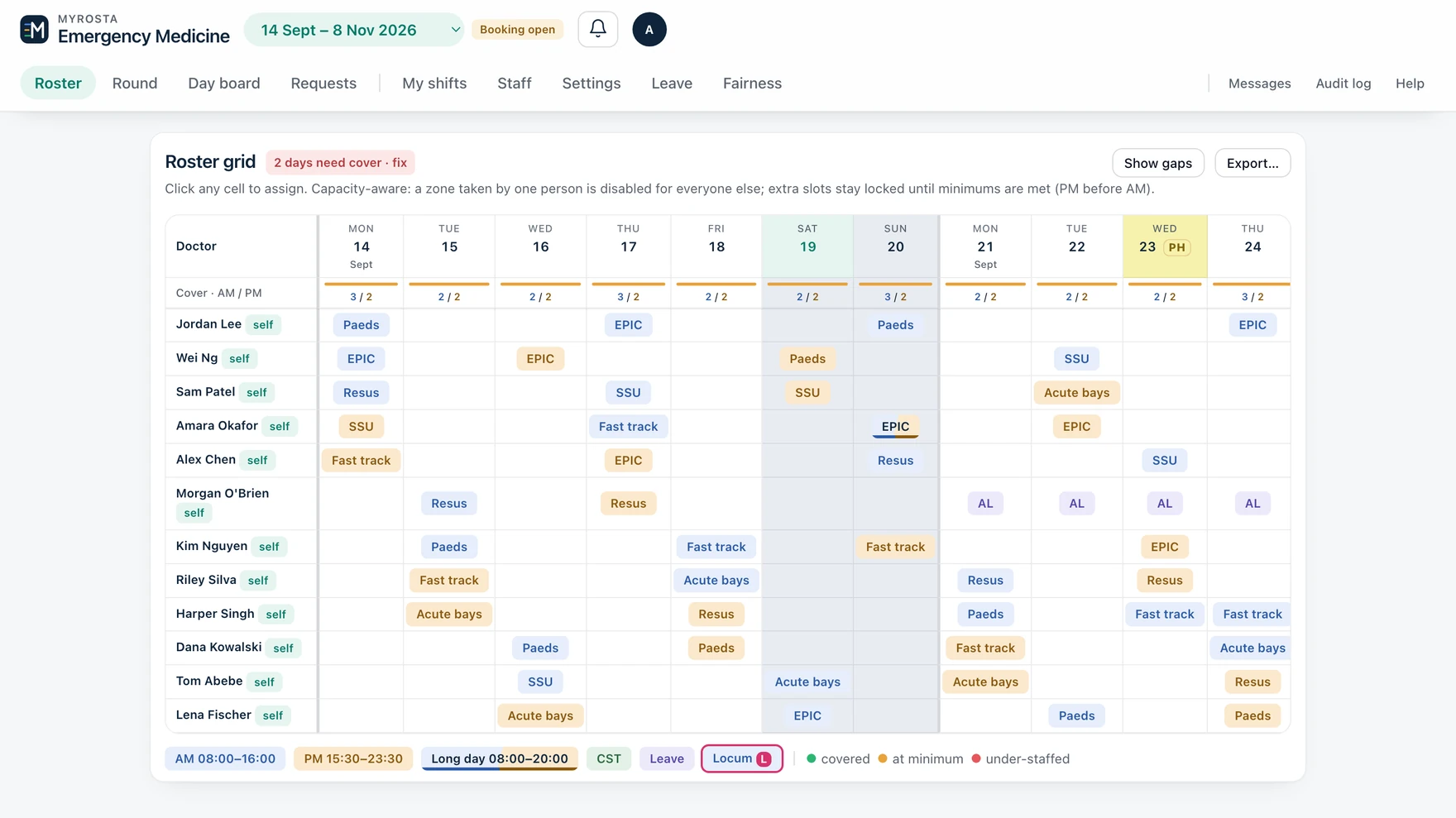 The roster grid: staff down the side, days across, every booked zone a coloured chip, cover counted under each day